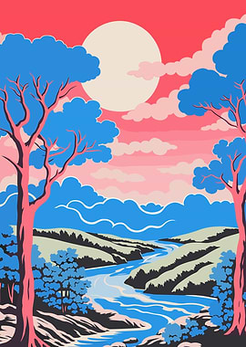 Trees River Landscape with Red Sky