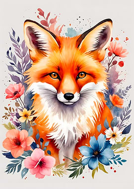 Fox Flowers Watercolor