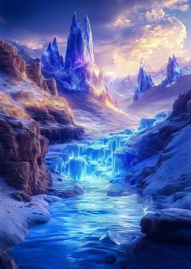 Waterfall with Glowing Blue Crystal Canyon