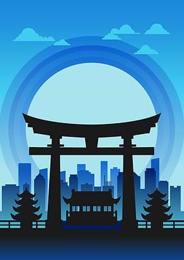Blue Japanese Cityscape with Torii Gate