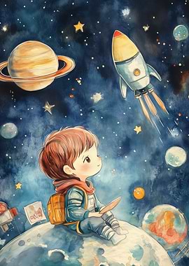 Boy Gazing at Rocket in Space