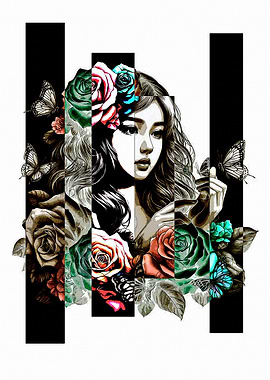 Woman with Roses and Butterflies