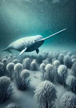 The Unicorn of the Sea in a Frosty Habitat Narwhal in Underwater Forest