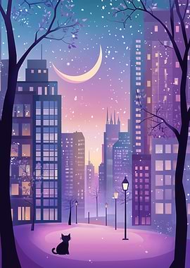 Snowy Cityscape with Crescent Moon