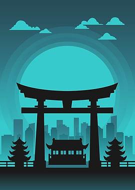 Green Japanese Cityscape Silhouette