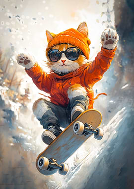 Funny Cat Skateboarding on a Skate