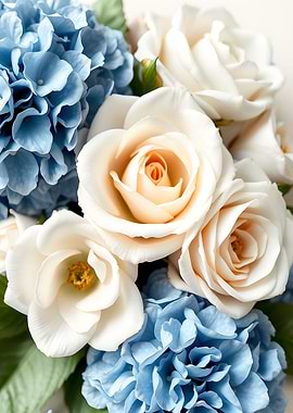 White and Blue Hydrangeas with Roses