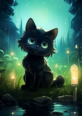 Black Cat in Enchanted Forest