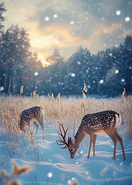 Winter Deer in Snowy Forest Christmas