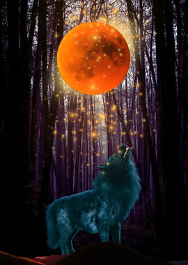 Wolf Howling at red Moon