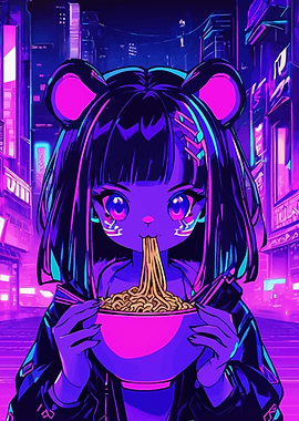 Cyber Anime Girl Eating Ramen