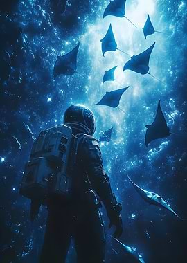 Alone in the darkness the astronaut floats as a sc Art