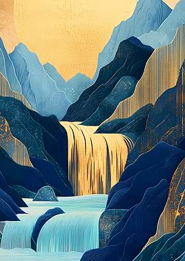 Golden Waterfall Landscape