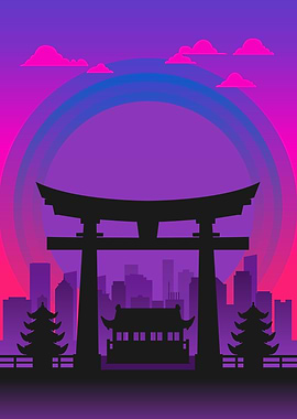 CyberPunk Japanese Cityscape Silhouette