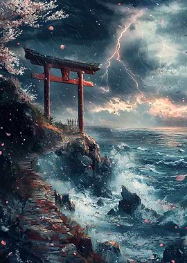 Stormy Seascape with Torii Gate