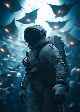 Alone in the darkness the astronaut floats as a sc