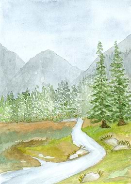 Evergreen Creek Watercolor Mountains Landscape