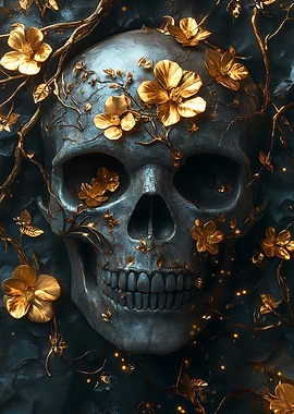 Golden Skull with Flowers