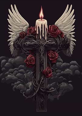 Gothic Cross with Roses and Wings