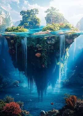 Floating ocean Island waterfall landscape