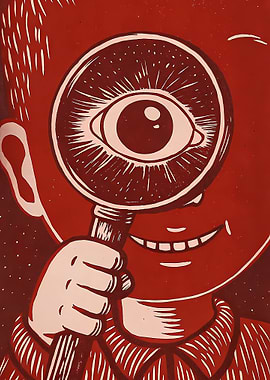 Child holding magnifying glass to his eye