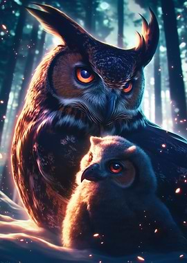 Owl Family in the Forest
