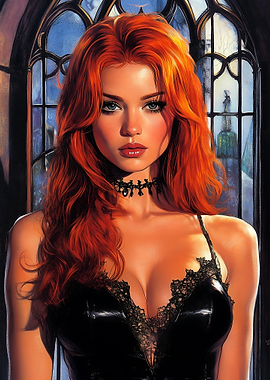 Redhead Woman in Black Dress