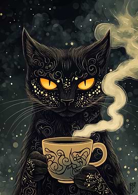 Black Cat with Coffee