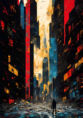 Lone Figure in a Post-Apocalyptic Cityscape