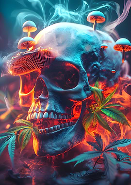 Skull with Mushroom and Weed Fusion