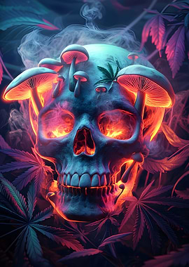 Skull with Mushroom and Weed Fusion Art
