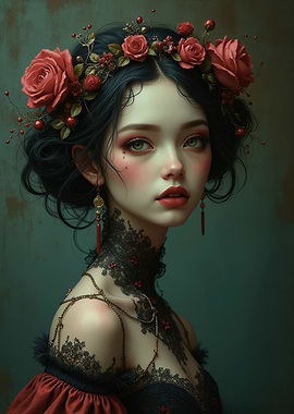 Elegant Portrait of Woman with Roses and Intricate Accessories