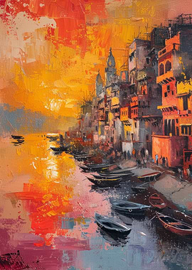 Sunset Cityscape with Boats