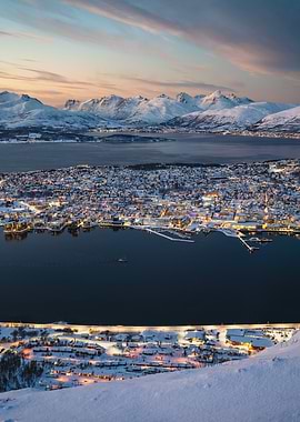 Tromsø Cityscape at Dusk covered in snow