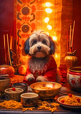 Dog in Chinese New Year Outfit