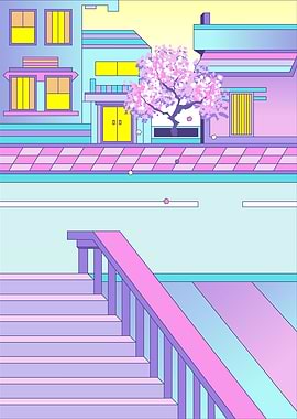 Pastel Cityscape with Stairs