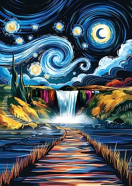 Starlit Waterfall Pathway