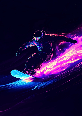 Vibrant Descent: Snowboarder in Neon Glow