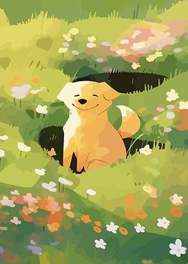Smiling Dog in Flower Field