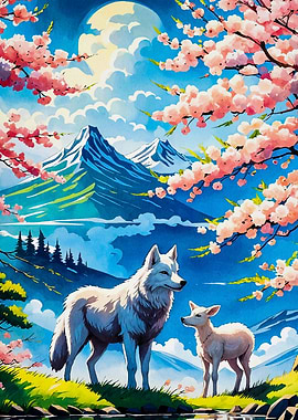 Wolf Fawn Moonlit Sky