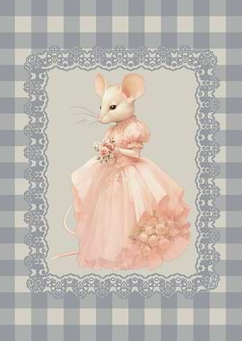 Mouse in Pink Dress on Blue Gingham Background