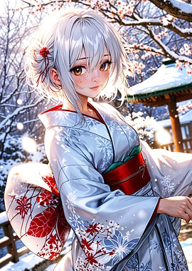 Elegant Winter Kimono in Serene Snowy Setting