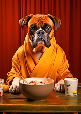 Boxer Dog in Robe Eating
