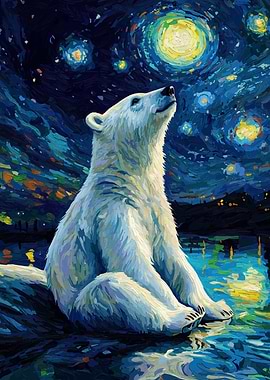 Polar Bear Under Starry Night