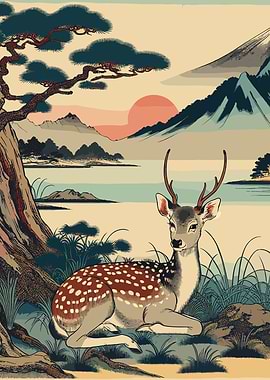Japanese Ukiyo-E Deer Landscape