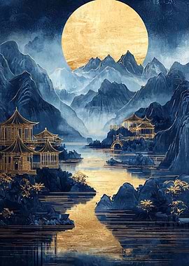 Golden Moon Mountain Landscape