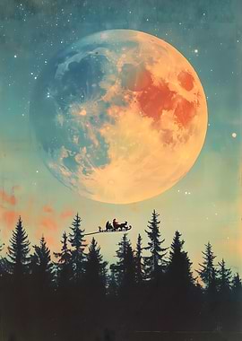 Santa's Flight Under Giant Moon Christmas