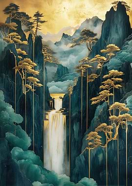 Golden Waterfall and Gilded Skies Landscape
