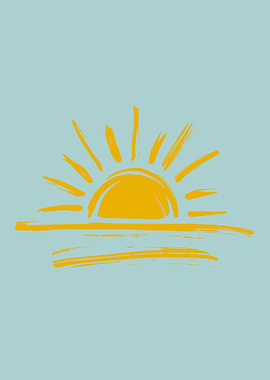 Minimalist Sunrise Drawing in Light Blue and Yellow