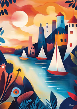 Dreamy Coastal Village and Sailboats at Sunset